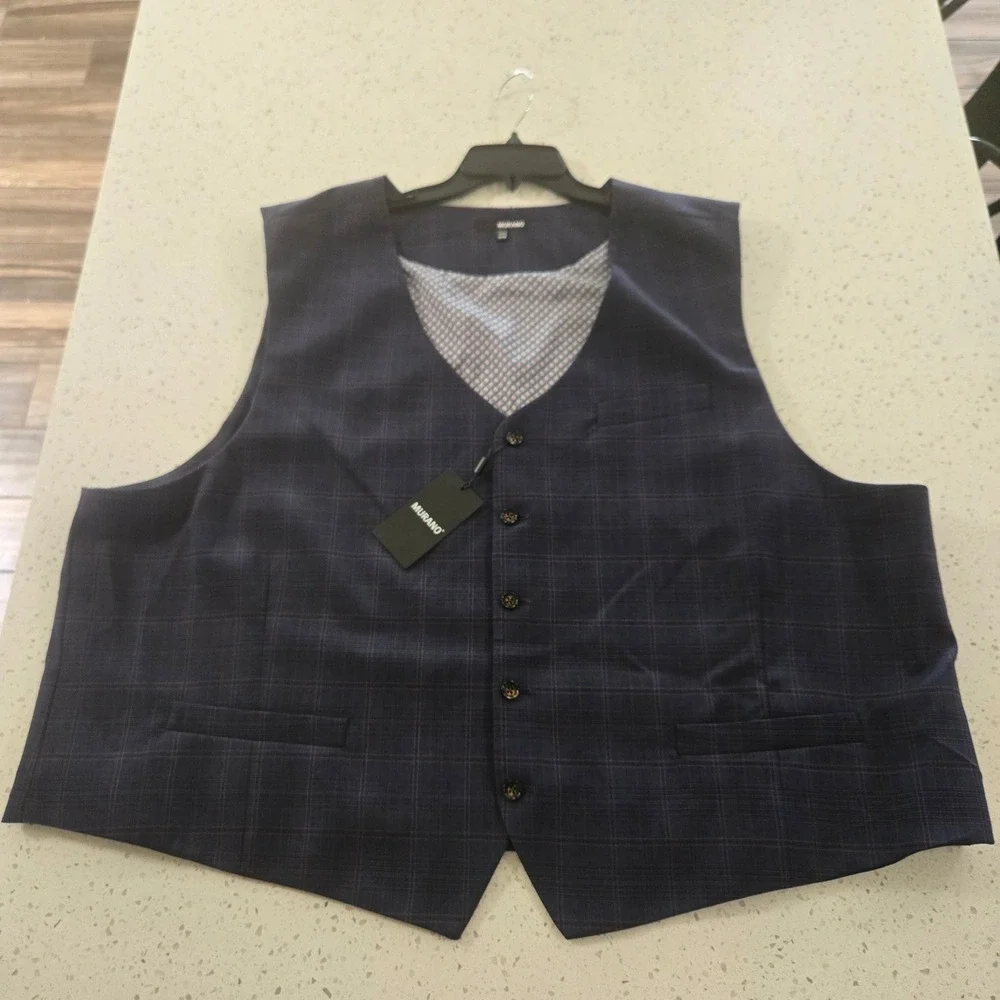Murano Mens 3 Piece Suit 4XB Navy Blue Plaid Blazer Vest Pant Big Tall NWT 48x30